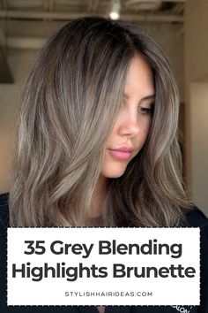 life. Hair Dye To Blend Grey, Color For Dark Hair With Grey, Purple Ash Grey Hair, Blending White Hair With Highlights, Ashy Hair Color Ideas For Brunettes, Chrome Chocolate Hair, Greige Hair Color Brown, Going From Brunette To Grey, Ash Brown With Grey Blending