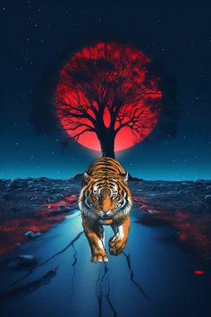 a painting of a tiger walking in front of a tree with the moon behind it