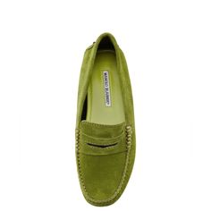 Emerald Green Suede With A Simple, Yet Feminine Silhouette, These Loafers Are Handmade In Italy With The Highest Quality Suede. With Their Pebble Style Sole And Colour Matched Stitching, These Iconic Loafers Are A Staple Piece For The Woman Who Embodies Effortless Chic. These Have Never Been Worn Outside, Inside Only, They Are Essentially Brand New! 100% Made In Italy Green Slip-on Flats For Formal Occasions, Spring Moccasins With Suede Lining And Almond Toe, Elegant Green Moccasins For Work, Spring Almond Toe Moccasins With Suede Lining, Manolo Blahnik Green, Summer Loafers, Stylish Flat Shoes, Office Flats, Shoes Manolo Blahnik