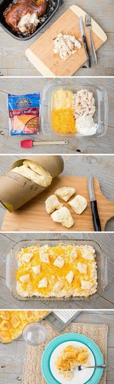 the steps to make an easy casserole dish with chicken, cheese and bread