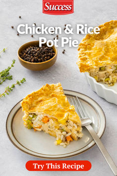 a chicken and rice pot pie on a plate with a fork next to the casserole