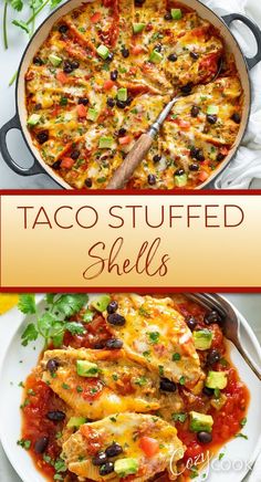 taco stuffed shells in a skillet on a white plate