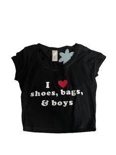 "I <3 shoes, bags, & boys"- made with white and red vinyl- 100% cotton cropped fitted tee Trendy Cotton Cropped T-shirt For Everyday, Sporty Logo Print Crop Top For Summer, Spring Cotton Cropped T-shirt With Logo Print, Spring Cropped Cotton T-shirt With Logo Print, Trendy Logo Print Crop Top For Spring, Spring Logo Print Cropped Cotton T-shirt, Basic Crop Top For Spring Streetwear, Basic Cropped T-shirt With Graphic Print For Streetwear, Summer Cropped Cotton T-shirt With Text Print