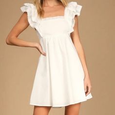 White Dress From Lulu’s. A Line, Simple With A Little Lace. Brand New With Tags. Conformation Dresses, White Hoco Dress, Lulus White Dress, White Floral Lace Dress, Yellow Bodycon Dress, Bride 2024, Confirmation Dresses, Blue Lace Mini Dress, Lace Corset Dress