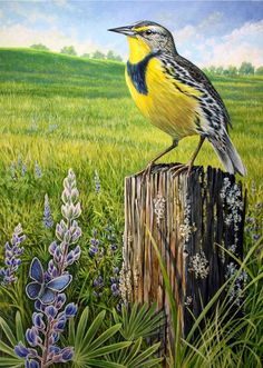 a painting of a bird sitting on top of a wooden post in the middle of a field