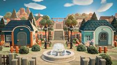 an artistic rendering of a small town with a fountain in the foreground and steps leading up to it