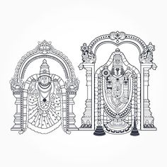 the lord ganesha and his attendants in black and white, with an intricate border around it