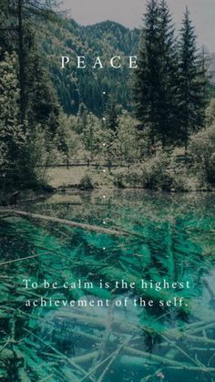 an image of the water with trees and mountains in the background that says, peace to be calm is the highest achievement of the self