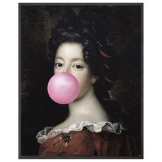 a painting of a woman with a bubble in front of her face and the pink bubble coming out of her mouth