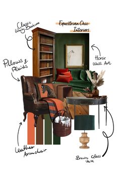 a living room filled with furniture and bookshelves in green, orange and brown