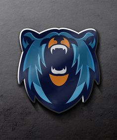 a bear's head is shown on the side of a black background with blue and orange accents