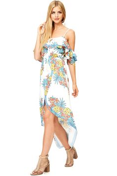 Beautiful tropical print dress great for summer with its light hi-low length and off the shoulder ruffle neckline. Perfect for any tropical vacation setting. *Hand Wash Cold *100% Polyester *35-52"/89-132cm Top to Bottom- Measured on a Size S (Model is 5'7/Wearing a size S) *Imported Bohemian Kimono, Tropical Print Dress, Tropical Vacation, Tropical Print, Kimonos, S Models, Off Shoulder Dress, Beautiful Dresses, Print Dress