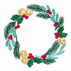 a christmas wreath made out of holly leaves and gold bells with red berries in the center