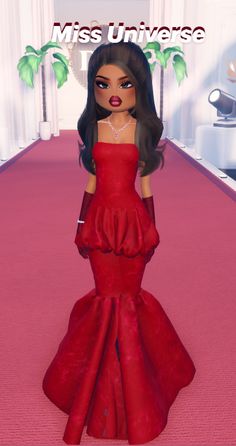 a woman in a red dress standing on a pink carpet