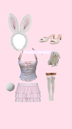 a pink background with some bunny ears and shoes on it, including a white rabbit head