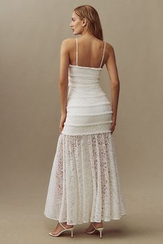 Romantic lace mingles with tailored embellishments in this BHLDN dress, making it a showstopping number for an elegant occasion. Featuring a straight neckline with removable straps, ruffle embellishments, and front buttons, this dress is unforgettable . | Sleeveless Ruffle Lace Maxi Dress by BHLDN in White, Women's, Size: XS, Polyester/Spandex at Anthropologie Chic Dress With Lace Back And Sweetheart Neckline, Formal Dresses With Lace Back And Spaghetti Straps, Gala Lace Dress With Scalloped Lace And Sweetheart Neckline, Elegant Square Neck Dress With Lace Patchwork, Elegant Lace Dress With Fitted Bodice For Date Night, Lace Trim Fitted Bodice Dress For Wedding Guest, Sweetheart Neckline Lace Patchwork Dress For Date Night, Sweetheart Neckline Dress With Lace Patchwork For Date Night, Fitted Dress With Lace Trim And Straight Neckline