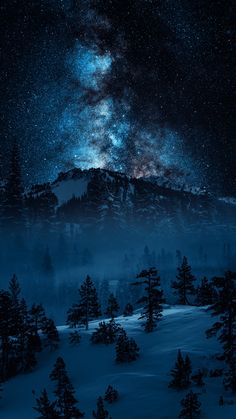 the night sky is filled with stars above trees and snow covered mountains in the distance