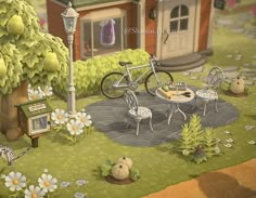 a painting of a house with a bicycle parked in front of it and some fruit on the ground