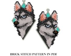 two cross stitch earrings with the words brick stitch pattern in df on them and an image of a husky