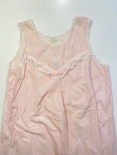 Adorable frilly vintage pink cotton blend and lace nightgown with embroidered bow design Pink Lace Summer Nightgown, Feminine Cotton Nightgown For Pajama Party, Pink Lace Nightgown For Summer, Feminine Delicate Lace Sleeveless Sleepwear, Feminine Sleeveless Delicate Lace Sleepwear, Feminine Lace Trim Nightgown For Sleepovers, Feminine Sleepwear With Lace Trim For Sleepover, Feminine Sleeveless Lace Patchwork Nightgown, Feminine Sleeveless Lace Patchwork Sleepwear