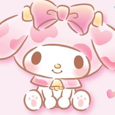 a cute little bunny sitting on top of a pink floor with hearts around her neck