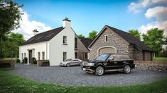 two cars are parked in front of a house with a driveway and car parking lot