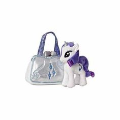 a little pony next to a small purse on a white background with blue trimmings