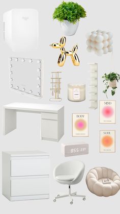 an assortment of white furniture and accessories including a desk, chair, mirror, potted plant