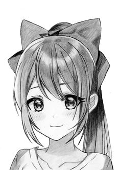 a drawing of a girl with long hair wearing a bow around her head and looking at the camera