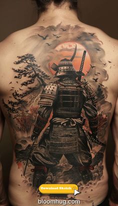 the back of a man's body with tattoos on it and an image of a samurai