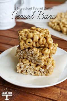 three ingredient peanut butter cereal bars stacked on top of each other