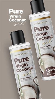 two bottles of pure virgin coconut are shown with the label in front of them and on the