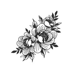 a black and white drawing of flowers on a white background