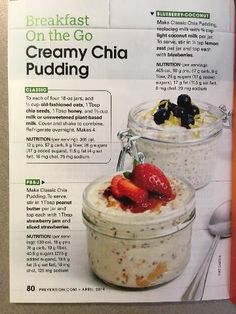 an advertisement for breakfast on the go creamy chia pudding