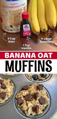 banana oat muffins in a muffin tin with ingredients to make them