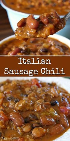 italian sausage chili with beans in a white bowl and on a brown background is a spoon full of soup