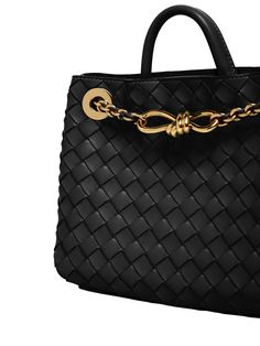 Height: 20cm Width: 25cm Depth: 10cm. Strap drop: 50cm. Top handle drop: 6cm. Metal chain strap can be worn single or doubled. Single leather top handle. Internal magnetic closure. One internal zip closure. Two internal open pockets Bottega Veneta Andiamo, Versace Brand, Chain Strap Bag, Bag With Chain, Ski Accessories, Small Tote Bag, Medium Tote, Small Tote, Medium Bags