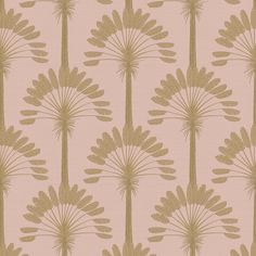 a pink and gold wallpaper with large leaves