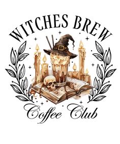 the witches brew coffee club logo with an open book, candles and a witch's hat