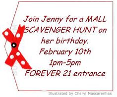 a red and white birthday card with the words, join jenny for a mall scavenger hunt on her birthday