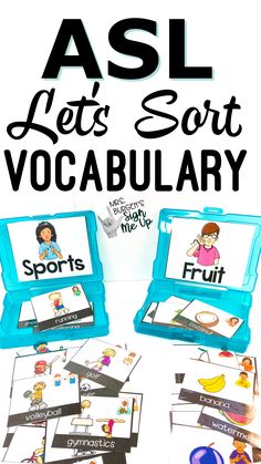 the asl let's sort vocabulaary game is shown with pictures and words