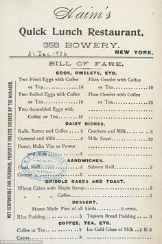 an old menu from the early 20th century