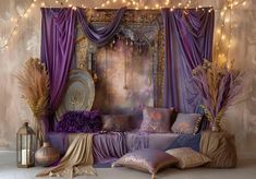 Purple Gold Indoor Decor Backdrop - Gatsby Backdrop Purple Photo Backdrop, Encanto Room, Cottagecore Aesthetic Bedroom, Bedroom Purple, Decor Backdrop, Magical Room, Building Inspiration, Ball Ideas, Gothic Bedroom