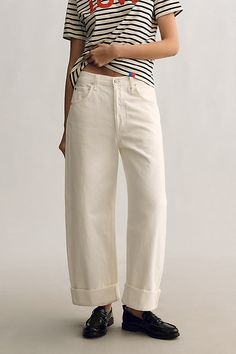 100% cotton Five-pocket styling Button front Machine wash USA | Ayla High-Rise Wide-Leg Jeans by Citizens of Humanity in White, Women's, Size: 24, Cotton at Anthropologie Summer Relaxed Jeans With Pockets, Relaxed Cotton Summer Jeans, Relaxed Cotton Jeans For Summer, Cotton Bottoms With Button Closure For Daywear, Cotton Jeans For Summer Workwear, Summer Workwear Cotton Jeans, Summer Workwear Jeans Made Of Cotton, Relaxed Cotton Bottoms With Five Pockets, Relaxed Fit Jeans With Buttoned Pockets For Spring