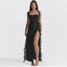 I Ordered This Dress In A Small And It Is A Bit Too Big For Me. It Looks Like It Would Fit A Size 4 Perfectly. Gaun Ruffle, High Split Dress, Ruffle Summer Dress, Body Con Dress, Sling Dress, Split Dress, Suspender Dress, Cowl Neckline, Silhouette Cut