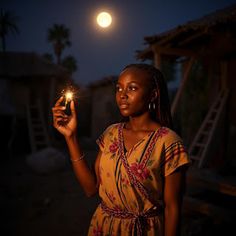 a young woman holding a lit candle in her hand and looking up at the sky