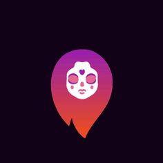 a purple and pink icon with a white mask on it's face in the dark