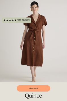 This midi linen dress should be in every wardrobe. Made from 100% organic linen and designed to be versatile, with elegant buttons down the front, and two pockets at the waist, and adjustable removable belt for the perfect fit.  | Quince | Women's Short Sleeve Dress in Chocolate, Size XS, Linen Relaxed Fit Linen Button-up Dress, Brown Button-up Midi Dress For Summer, Relaxed Fit Button-up Midi Dress, Brown Button Closure Midi Dress For Summer, Brown Summer Midi Dress With Button Closure, Brown Midi Dress With Button Closure, Summer Linen Shirt Dress With Button Closure, Chic Linen Button-up Dress, Chic Linen Midi Dress With Button Closure