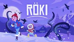 two children are running in the snow with an animated background that says roki on it