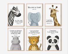 four children's wall art prints with animals and giraffes on them